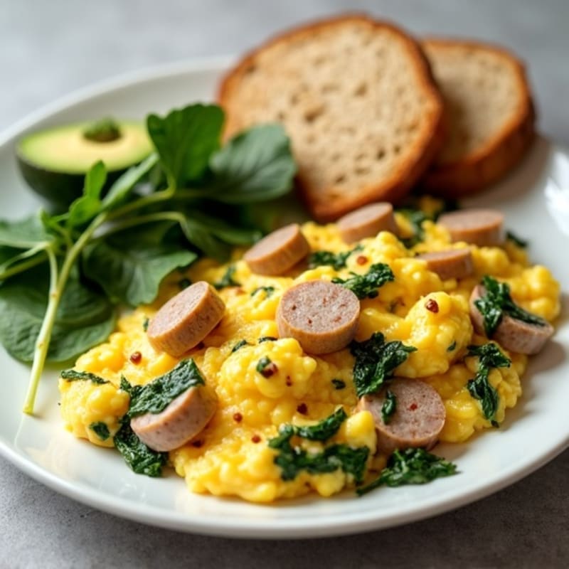Egg White and Turkey Sausage Scramble with Sautéed Spinach