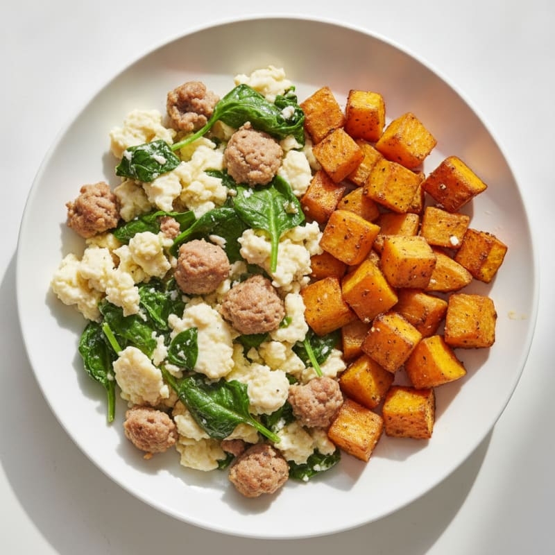 Egg White and Turkey Sausage Scramble with Spinach and Roasted Sweet Potato