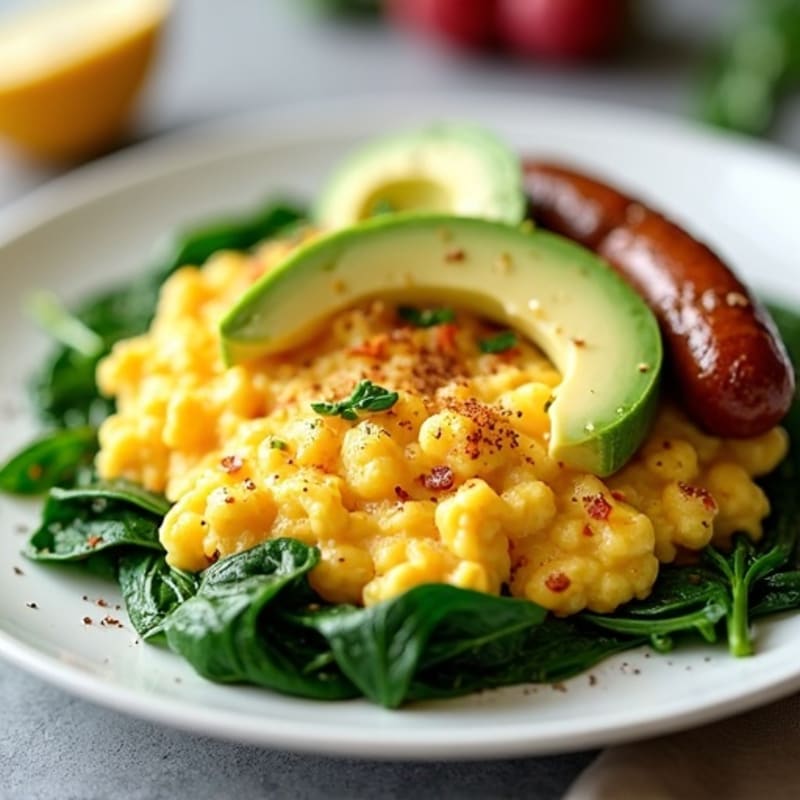 Egg White Scramble with Grilled Turkey Sausage and Sautéed Spinach