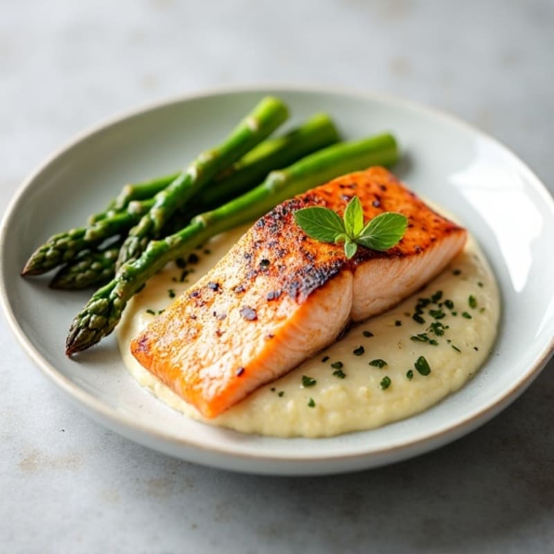 Seared Salmon with Steamed Asparagus and Cauliflower Mash