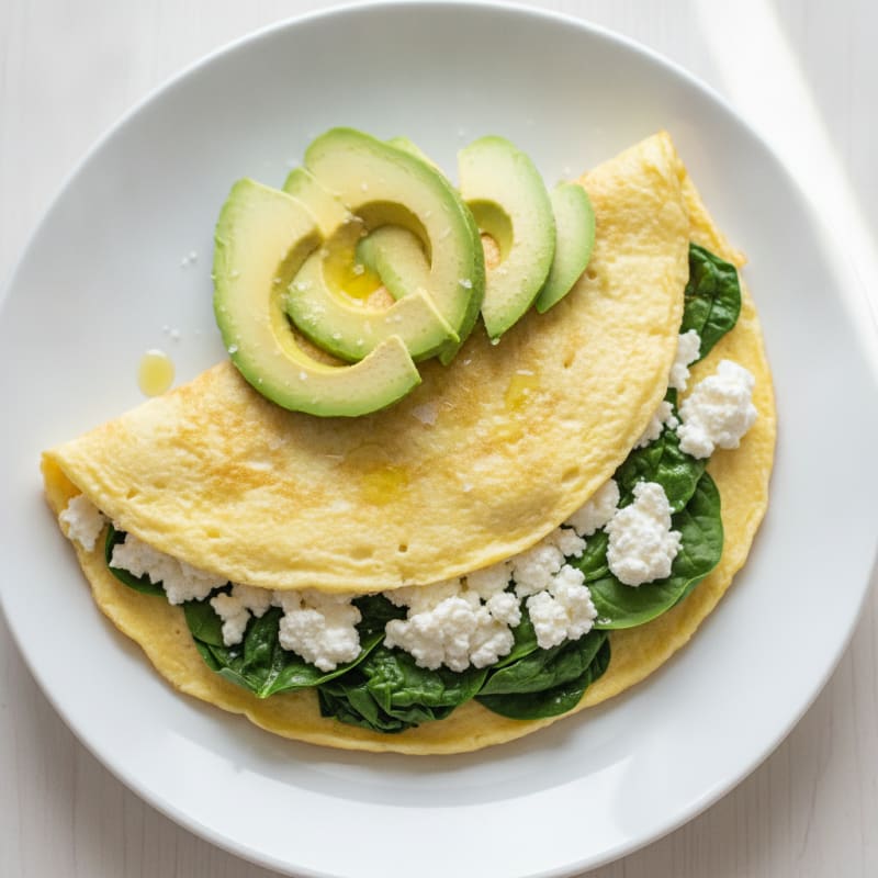 Egg White Spinach Omelette with Cottage Cheese and Sliced Avocado