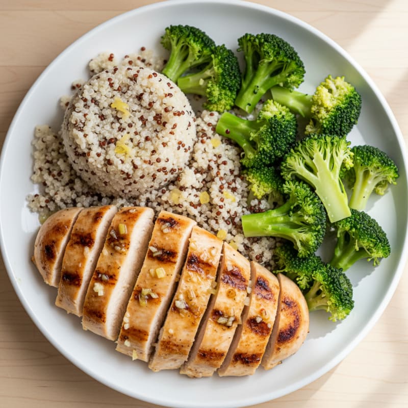 Grilled Lemon-Garlic Chicken Breast with Quinoa and Steamed Broccoli