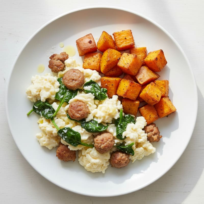 Egg White and Turkey Sausage Scramble with Spinach and Roasted Sweet Potatoes