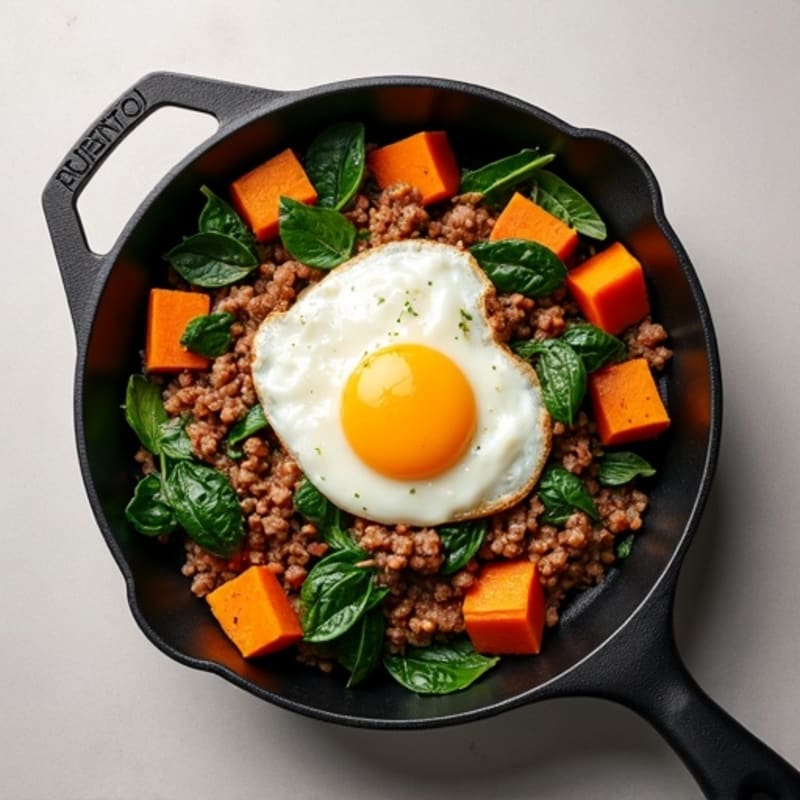 Sweet Potato and Ground Beef Skillet with Spinach