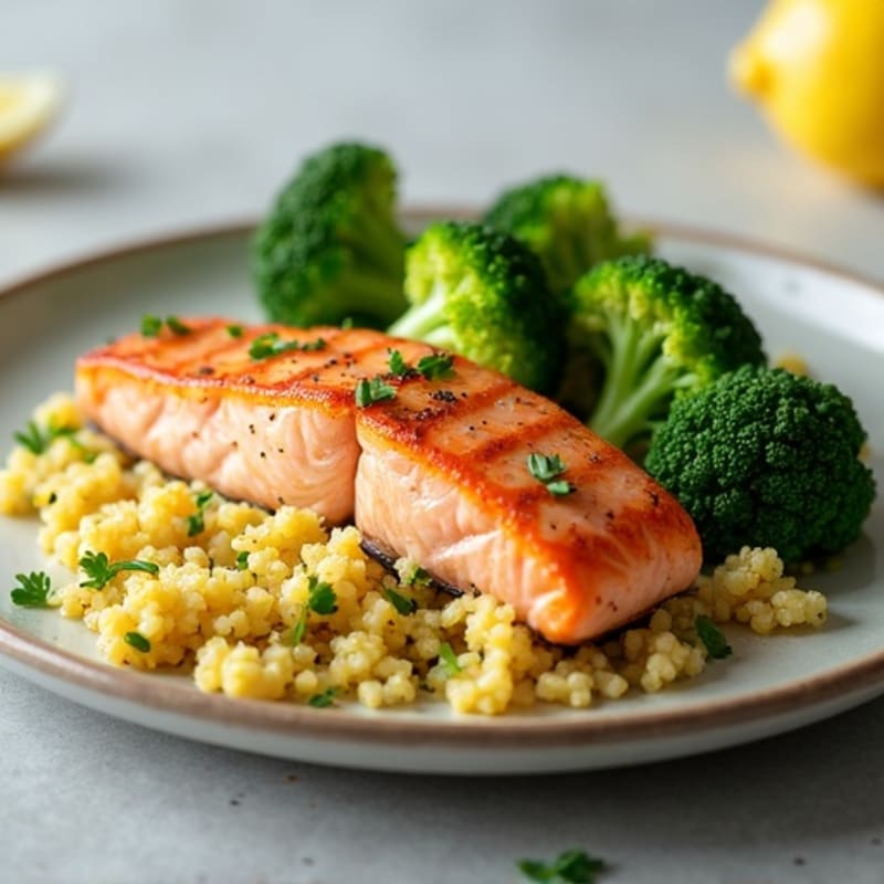 Seared Salmon with Steamed Broccoli and Lemon Zest Quinoa