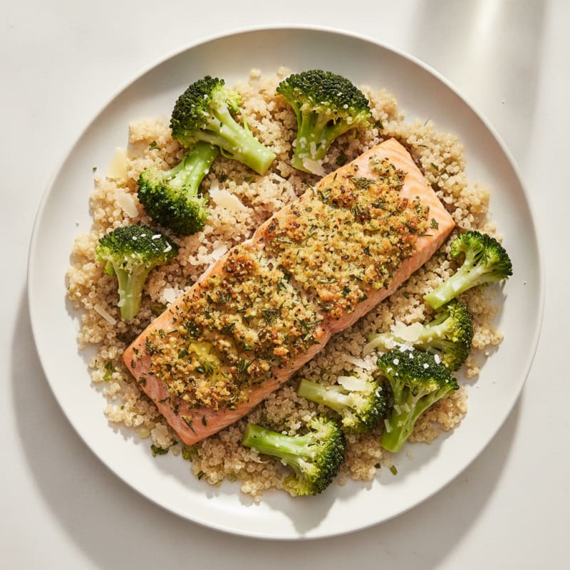 Herb-Crusted Baked Salmon with Steamed Broccoli and Quinoa