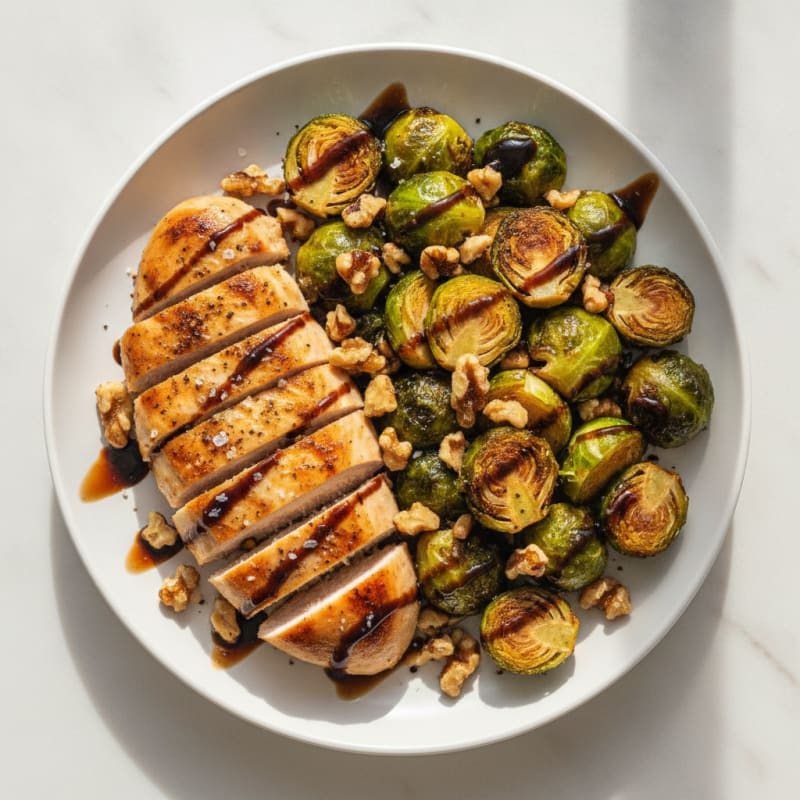 Balsamic-Glazed Brussels Sprouts with Toasted Walnuts and Pan-Seared Chicken