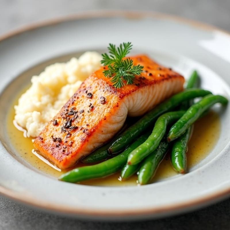 Seared Salmon with Garlic Green Beans and Cauliflower Mash