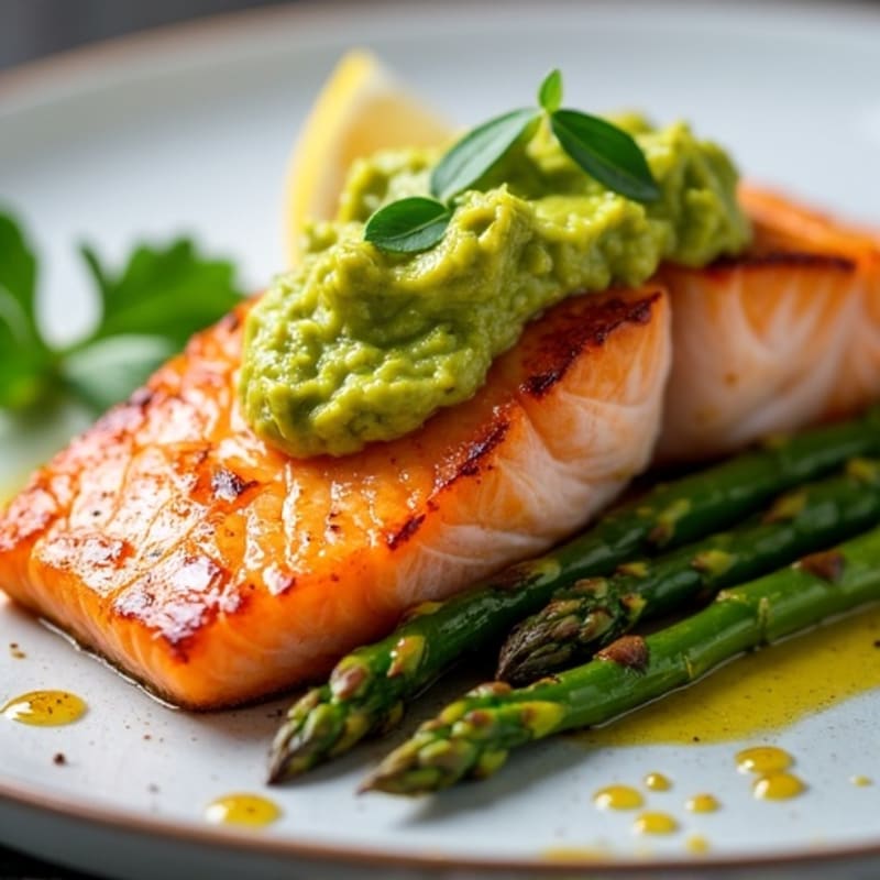Pan-Seared Salmon with Zesty Avocado and Roasted Asparagus