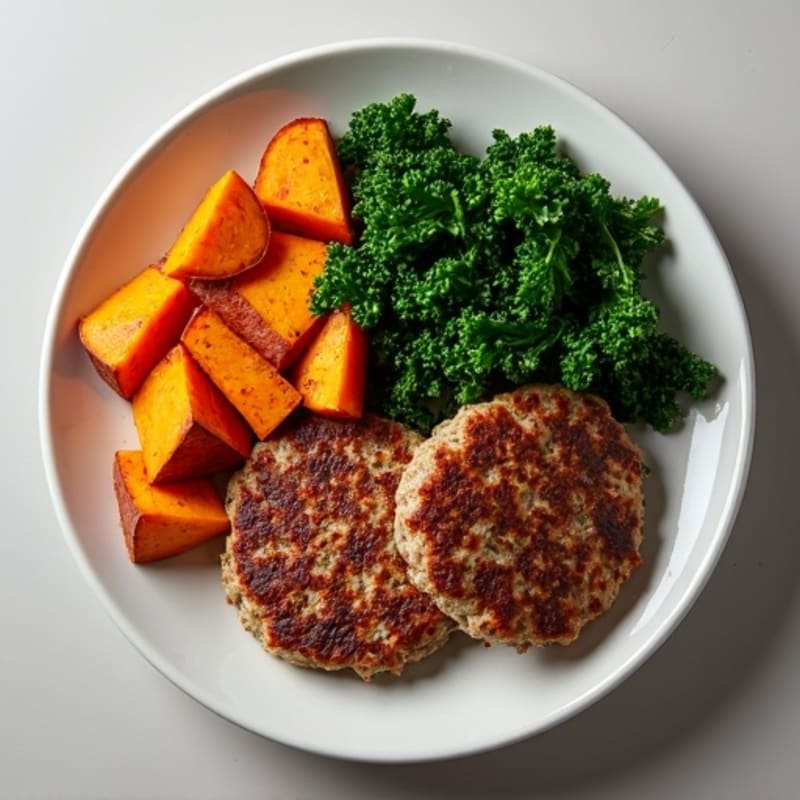 Spiced Lean Ground Beef Patties with Roasted Sweet Potatoes and Sautéed Greens