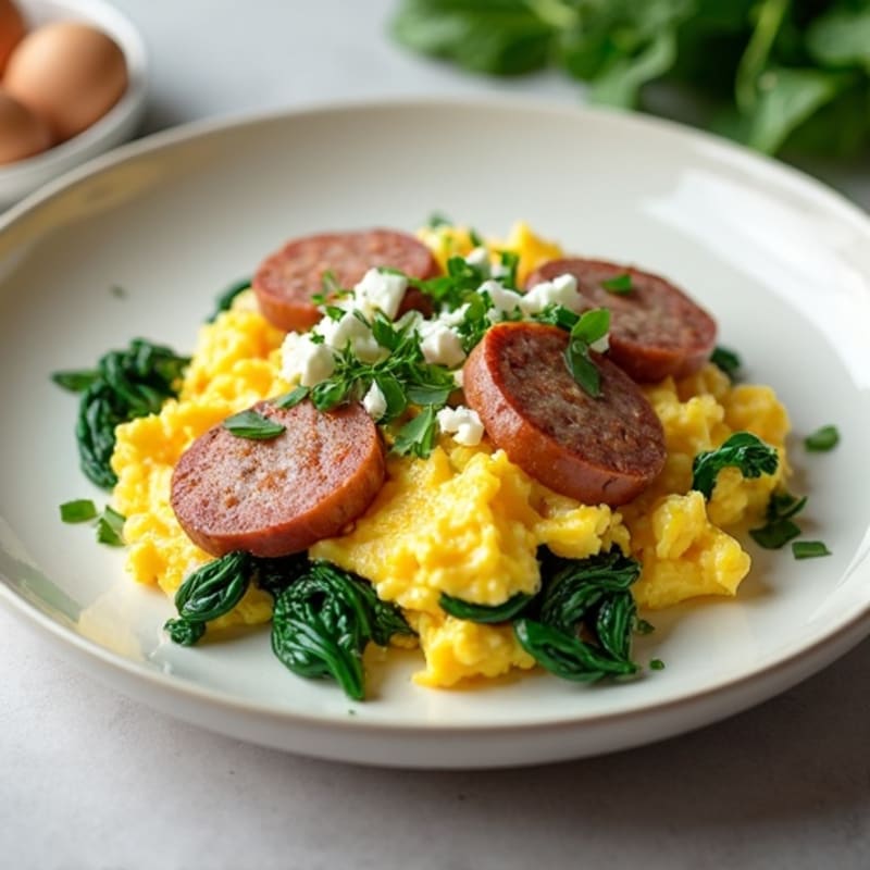 Egg White Scramble with Turkey Sausage and Sautéed Spinach