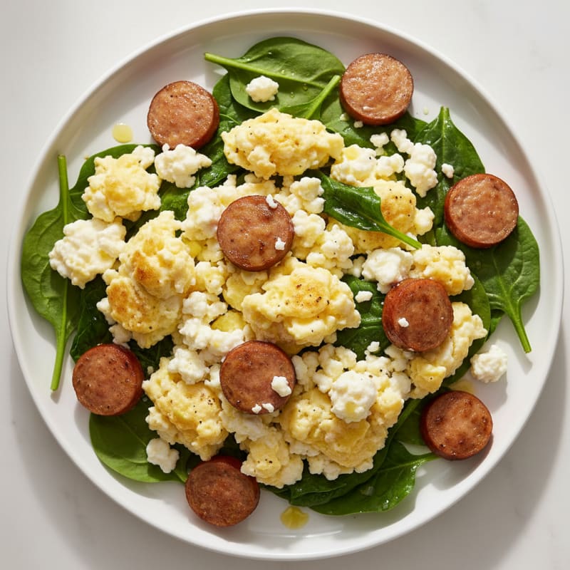 Cottage Cheese Scramble with Turkey Sausage and Spinach
