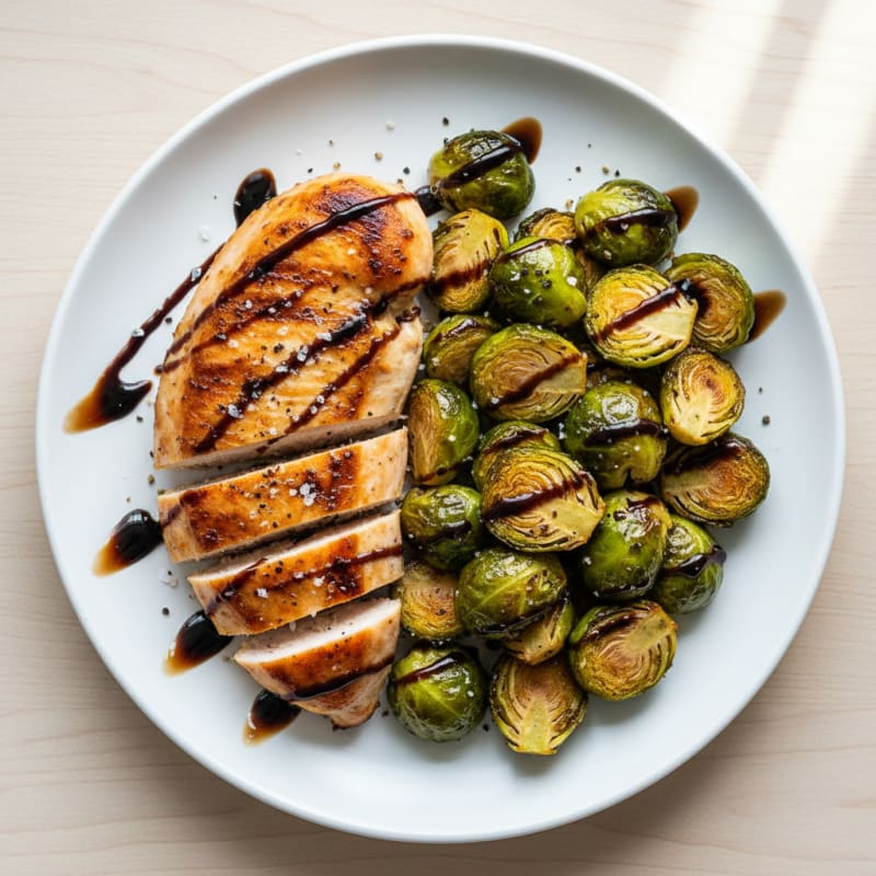 Crispy Balsamic-Glazed Brussels Sprouts with Roasted Chicken