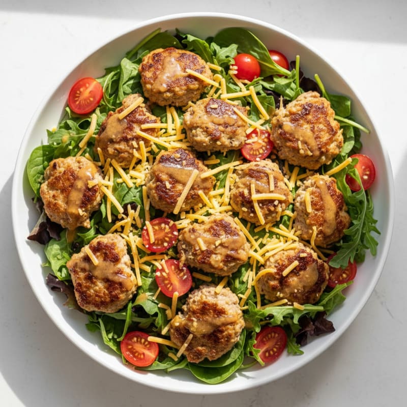 Turkey Burger Salad with Shredded Cheese and Mixed Greens