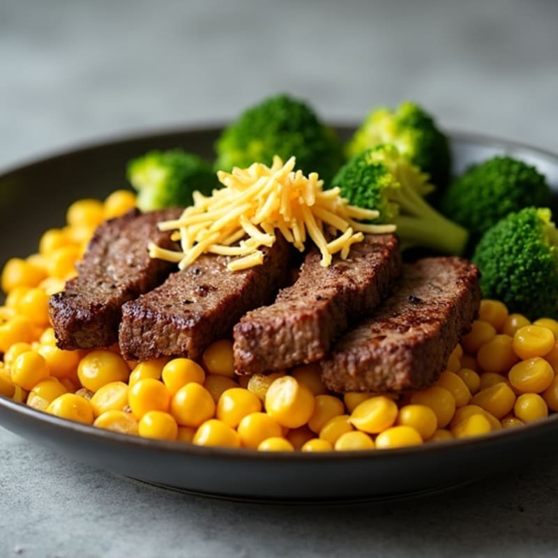 Seared Beef Strips with Cheesy Corn and Steamed Broccoli