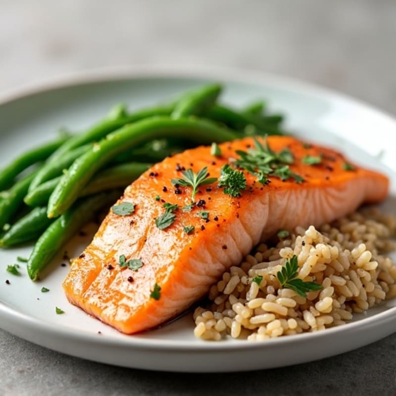 Seared Salmon Fillet with Steamed Green Beans and Brown Rice