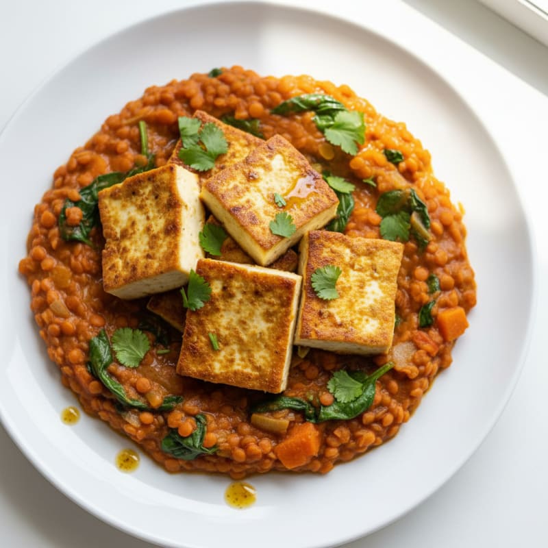 Silky Red Lentil and Vegetable Stew with Seared Tofu