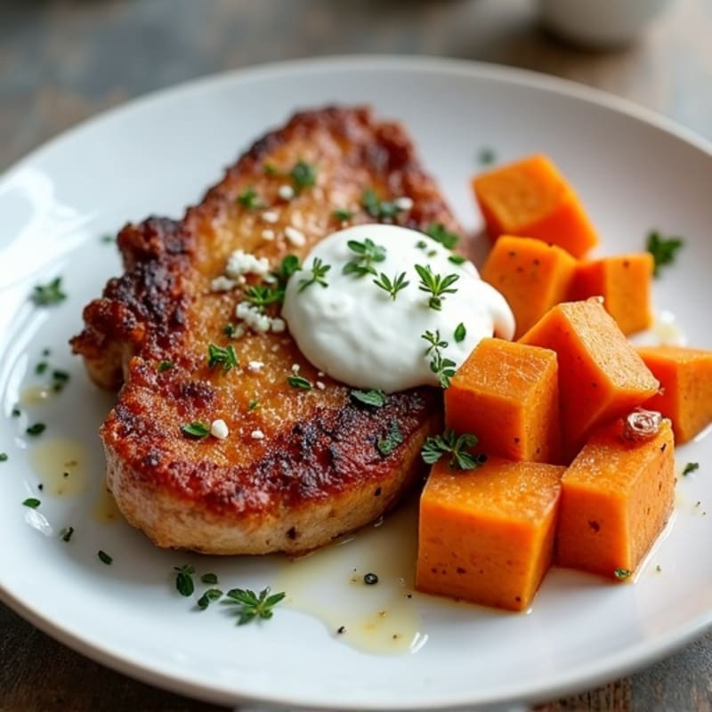 Crispy Pork Chops with Caramelized Sweet Potatoes and Creamy Feta Yogurt Sauce