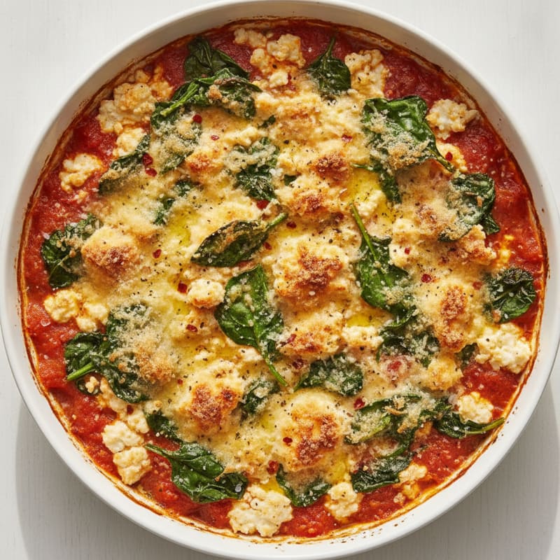 Baked Tomato Cottage Cheese Spinach Skillet