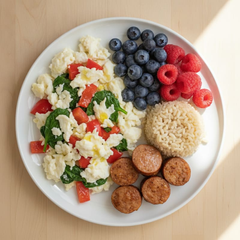 Egg White Veggie Scramble with Chicken Sausage and Fresh Berries