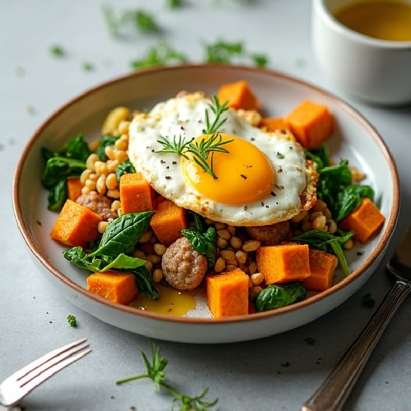 Egg White and Turkey Sausage Scramble with Spinach and Roasted Sweet Potatoes