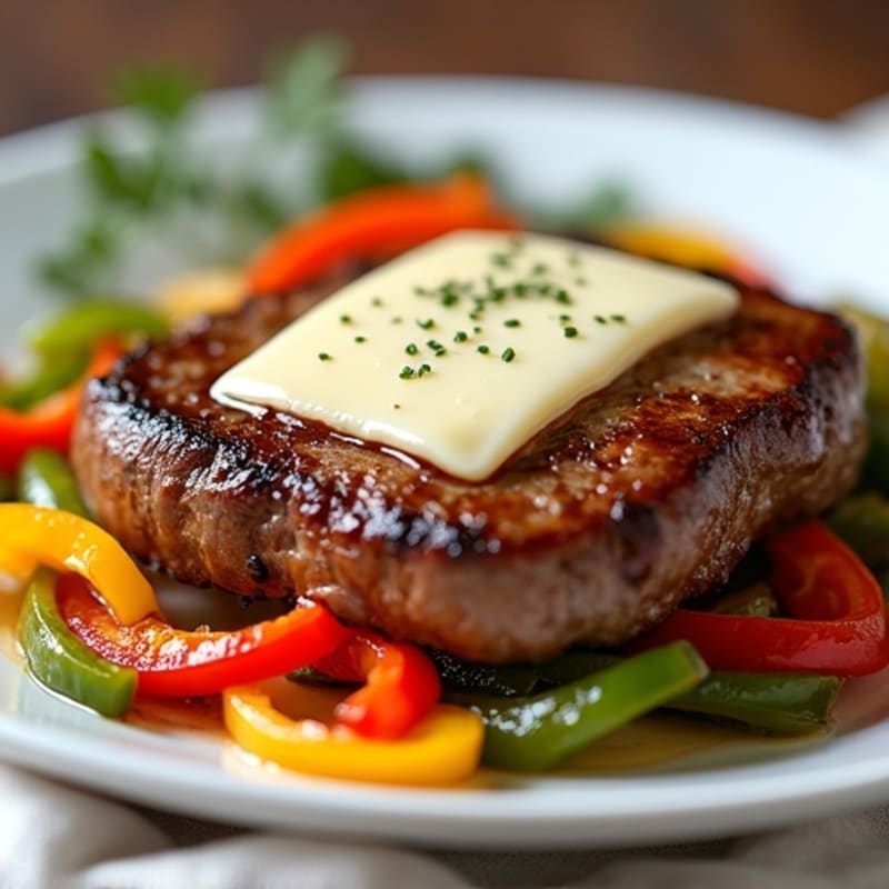 Seared Steak with Sautéed Bell Peppers and Onions and Melted Provolone