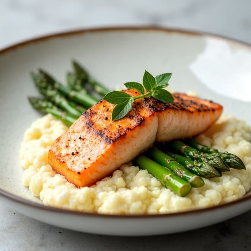 Seared Salmon with Steamed Asparagus and Cauliflower Mash