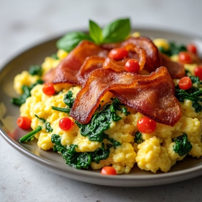 Savory Egg and Spinach Scramble with Crispy Turkey Bacon