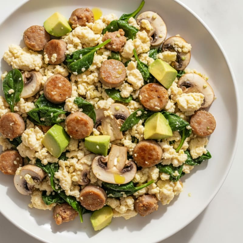 Egg White and Turkey Sausage Scramble with Spinach and Sautéed Mushrooms