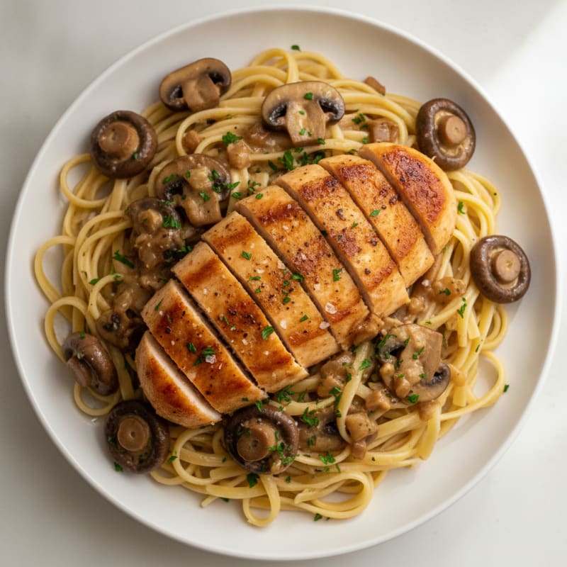 Mushroom Marsala Chicken with Garlic Linguine