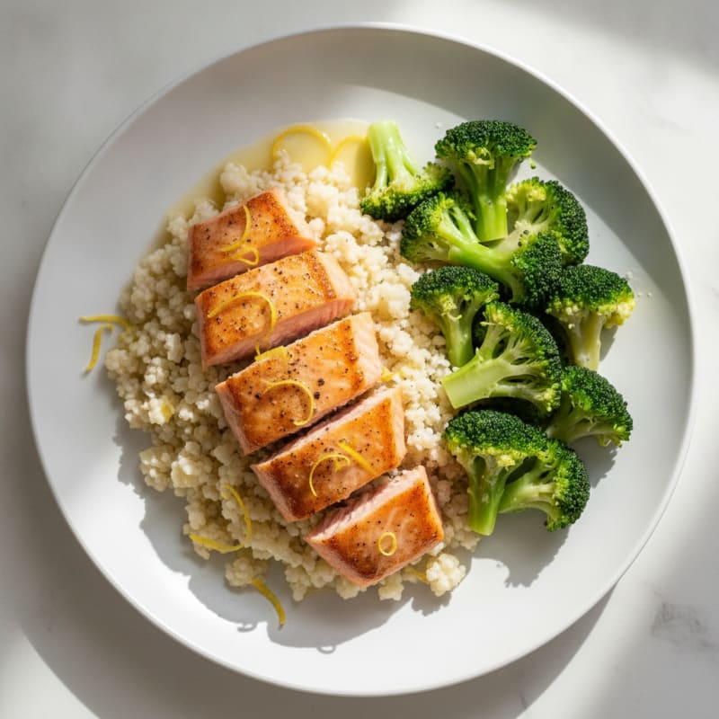 Seared Salmon with Steamed Broccoli and Cauliflower Rice