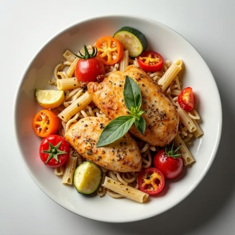 Spicy Garlic Herb Chicken with Creamy Pasta and Roasted Vegetables