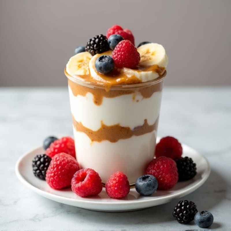 Peanut Butter Greek Yogurt Parfait with Frozen Berries and Banana