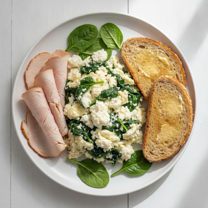 Egg White Spinach Scramble with Cottage Cheese and Sliced Turkey
