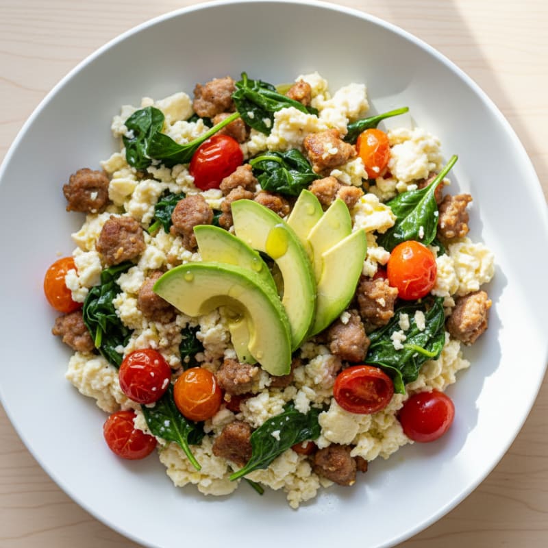 Egg White and Turkey Sausage Scramble with Spinach and Tomatoes