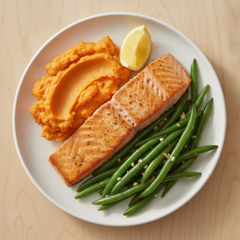 Seared Salmon with Garlic Green Beans and Sweet Potato Mash