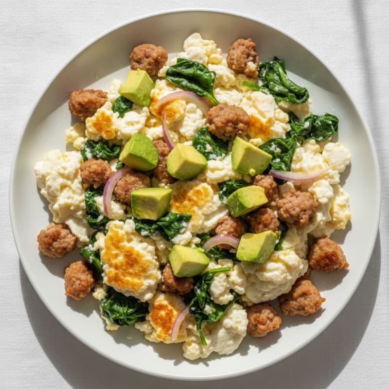 Egg White Scramble with Turkey Sausage and Sautéed Spinach