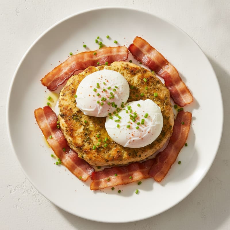 Gourmet Poached Eggs with Herb-Crusted Chicken and Bacon