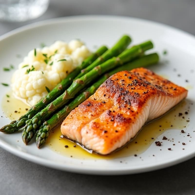 Pan-Seared Salmon with Steamed Asparagus and Cauliflower Mash