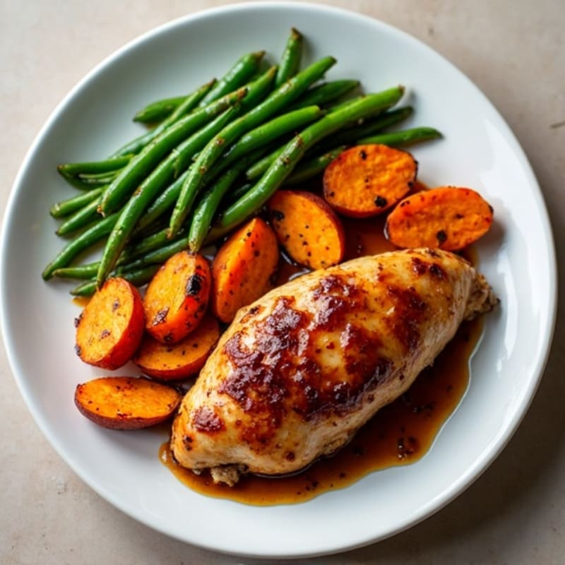 Sticky Date-Glazed Chicken with Roasted Sweet Potatoes and Green Beans