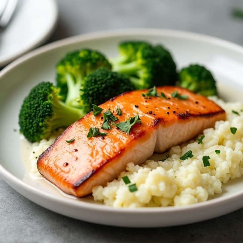 Seared Salmon Filet with Steamed Broccoli and Garlic Cauliflower Mash