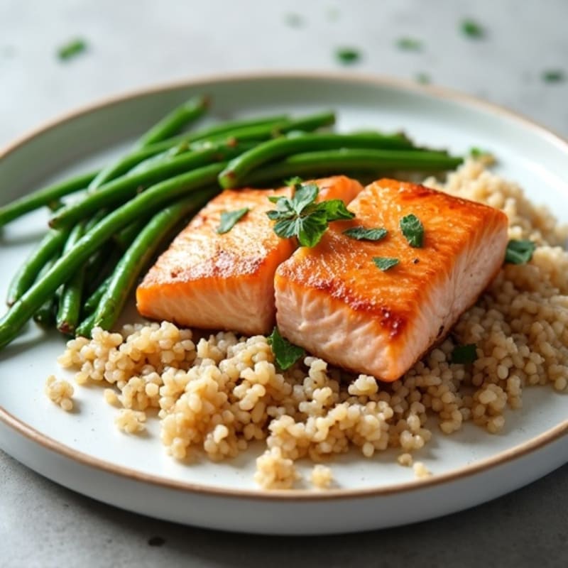 Seared Salmon with Garlic Green Beans and Brown Rice