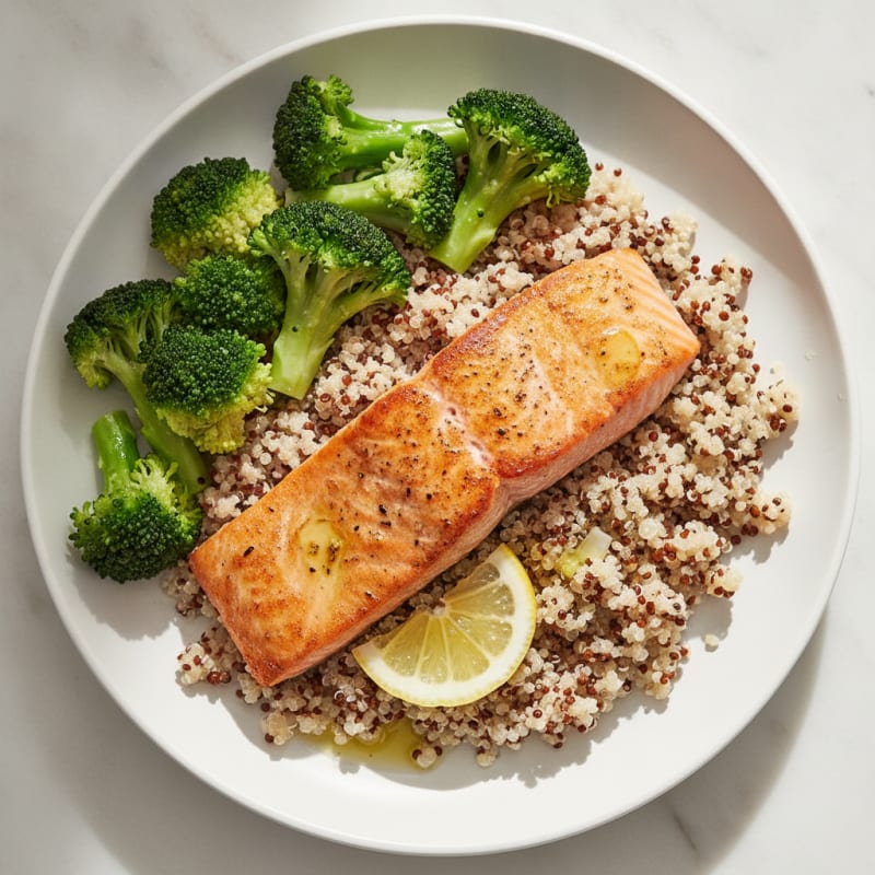 Seared Salmon with Steamed Broccoli and Quinoa