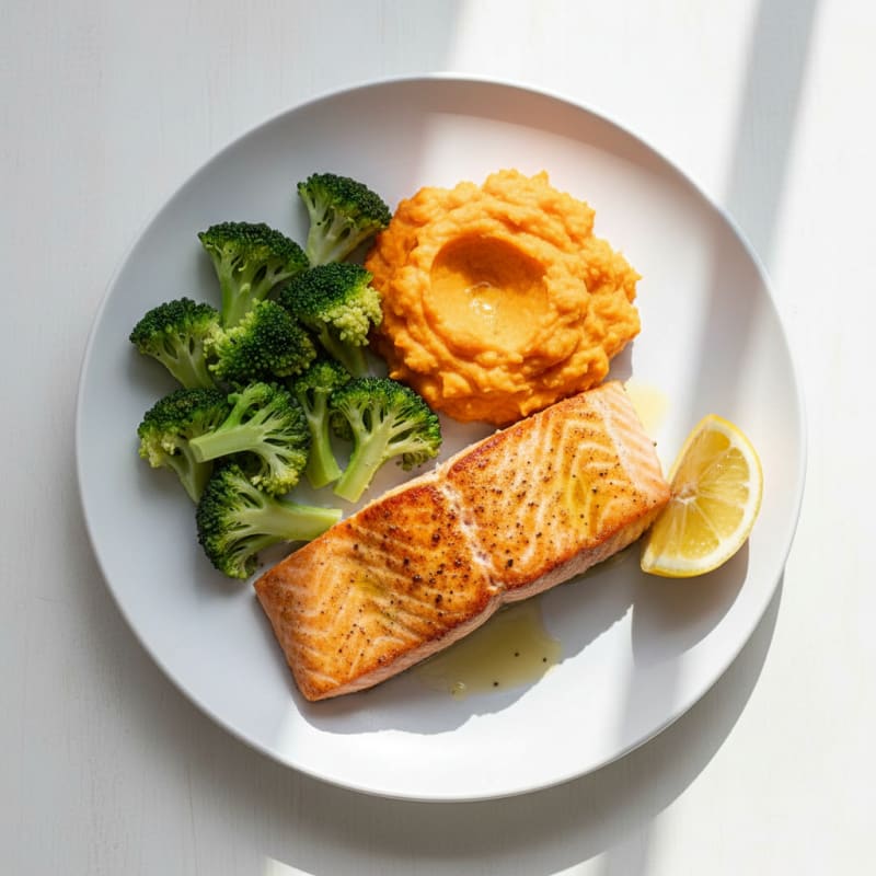 Seared Salmon with Steamed Broccoli and Sweet Potato Mash