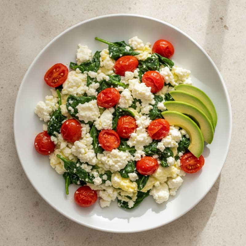 Egg White and Spinach Scramble with Cottage Cheese and Cherry Tomatoes