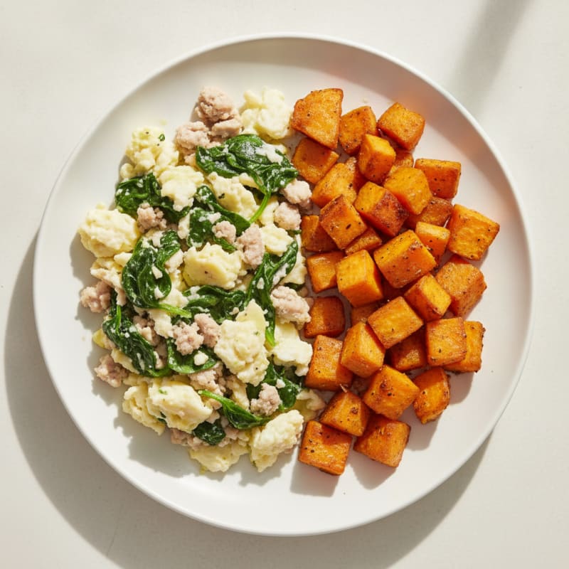 Egg White and Turkey Spinach Scramble with Roasted Sweet Potatoes