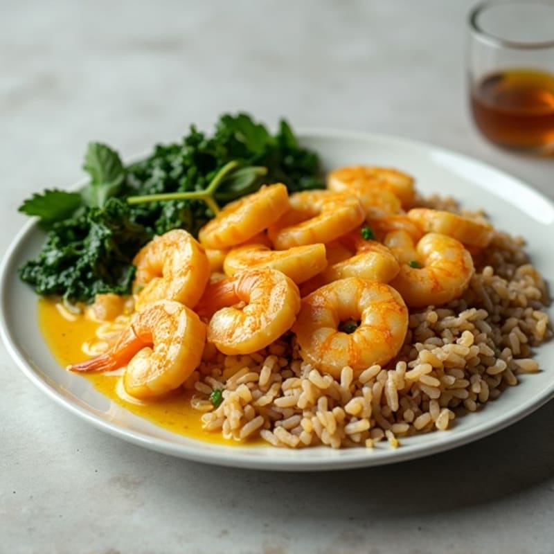 Creamy Coconut Curry Shrimp with Wilted Spinach and Fluffy Brown Rice