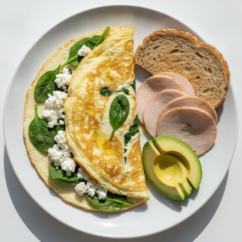 Egg White Spinach Omelette with Cottage Cheese and Sliced Turkey