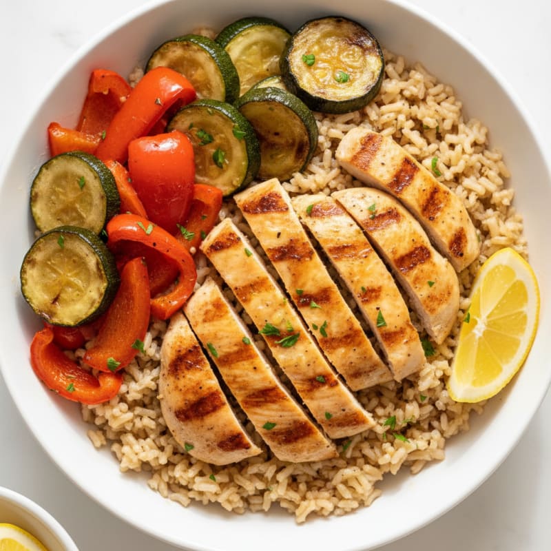 Grilled Chicken and Rice Bowl with Roasted Vegetables
