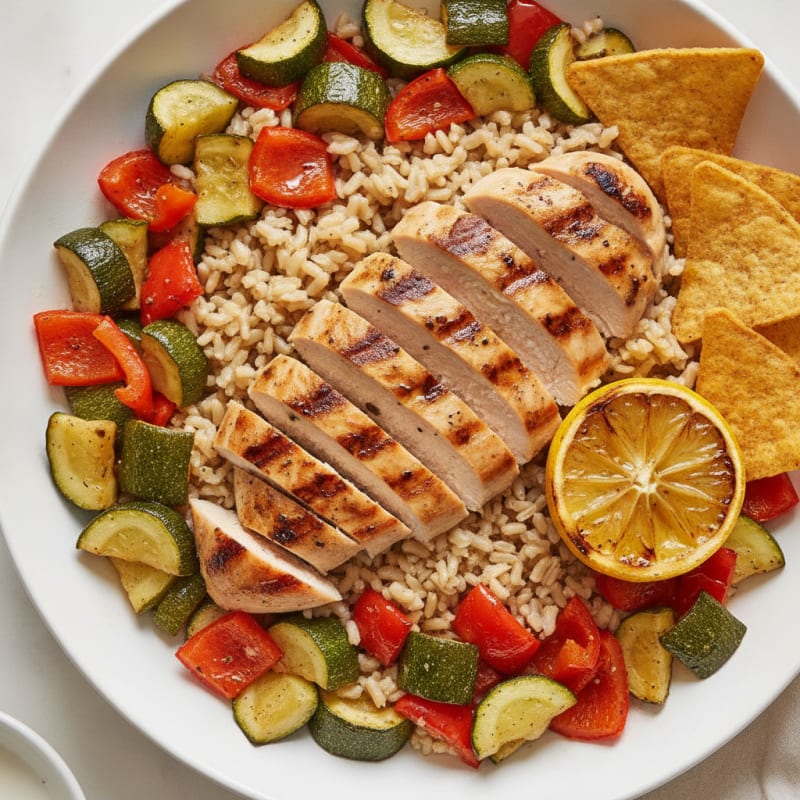 Grilled Chicken and Roasted Vegetable Bowl with Brown Rice